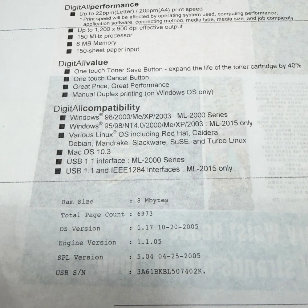 Samsung ML-2010 Mono Laser Printer OS White‎ Compact Monochrome ML-2010 6k Count